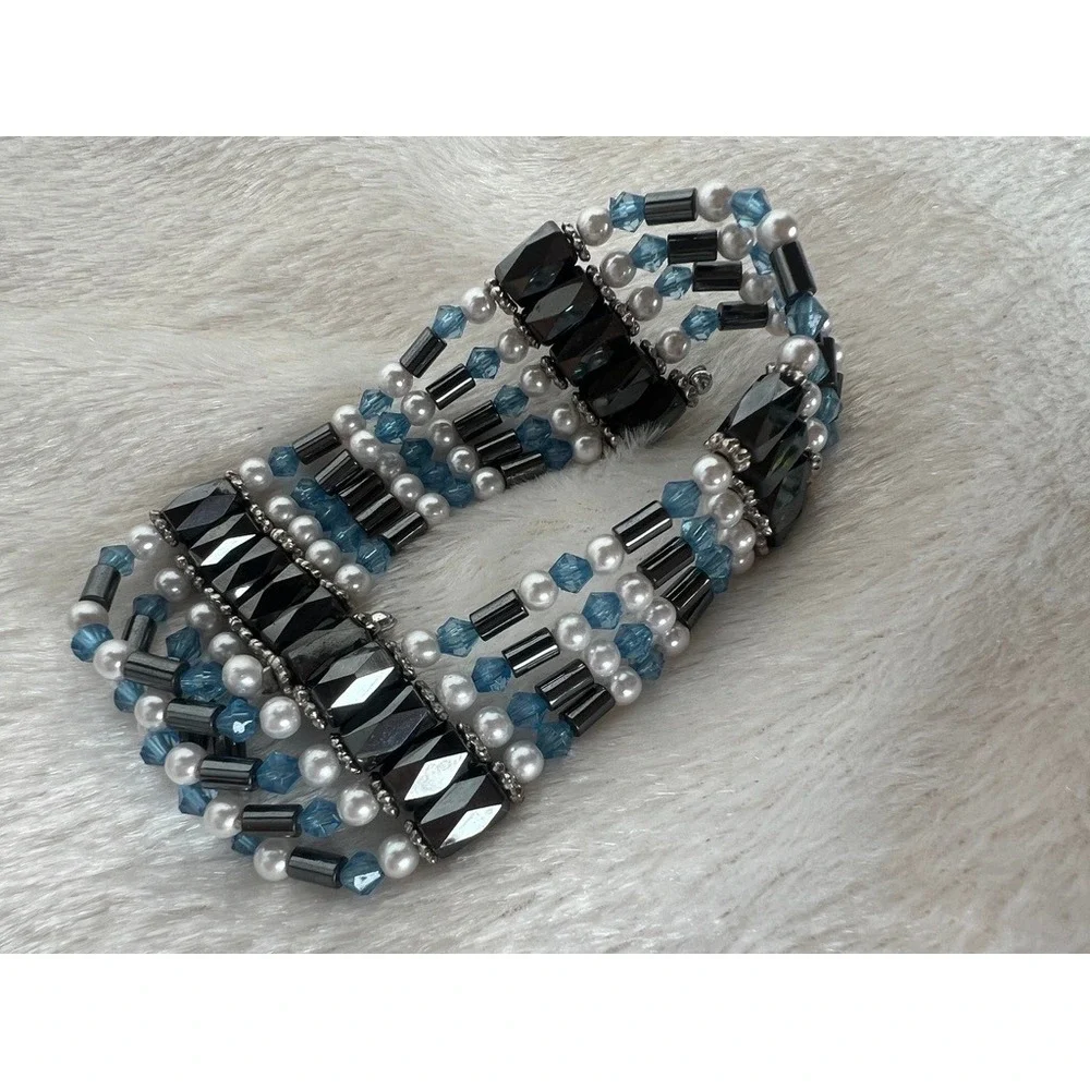Hematite Wrap Bracelet Magnetic Beaded Multi Strand Faux Pearl Blue‎ Crystal